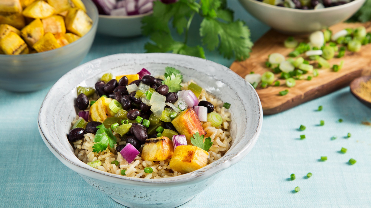 Traditional Cuban meal with rice beans and plantains