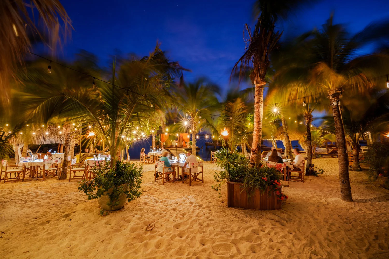 Nightlife in Aruba – Beach Bars, Lounges and Romantic Evenings Evening beach bar in Aruba with romantic dining tables, palm trees and warm string lights