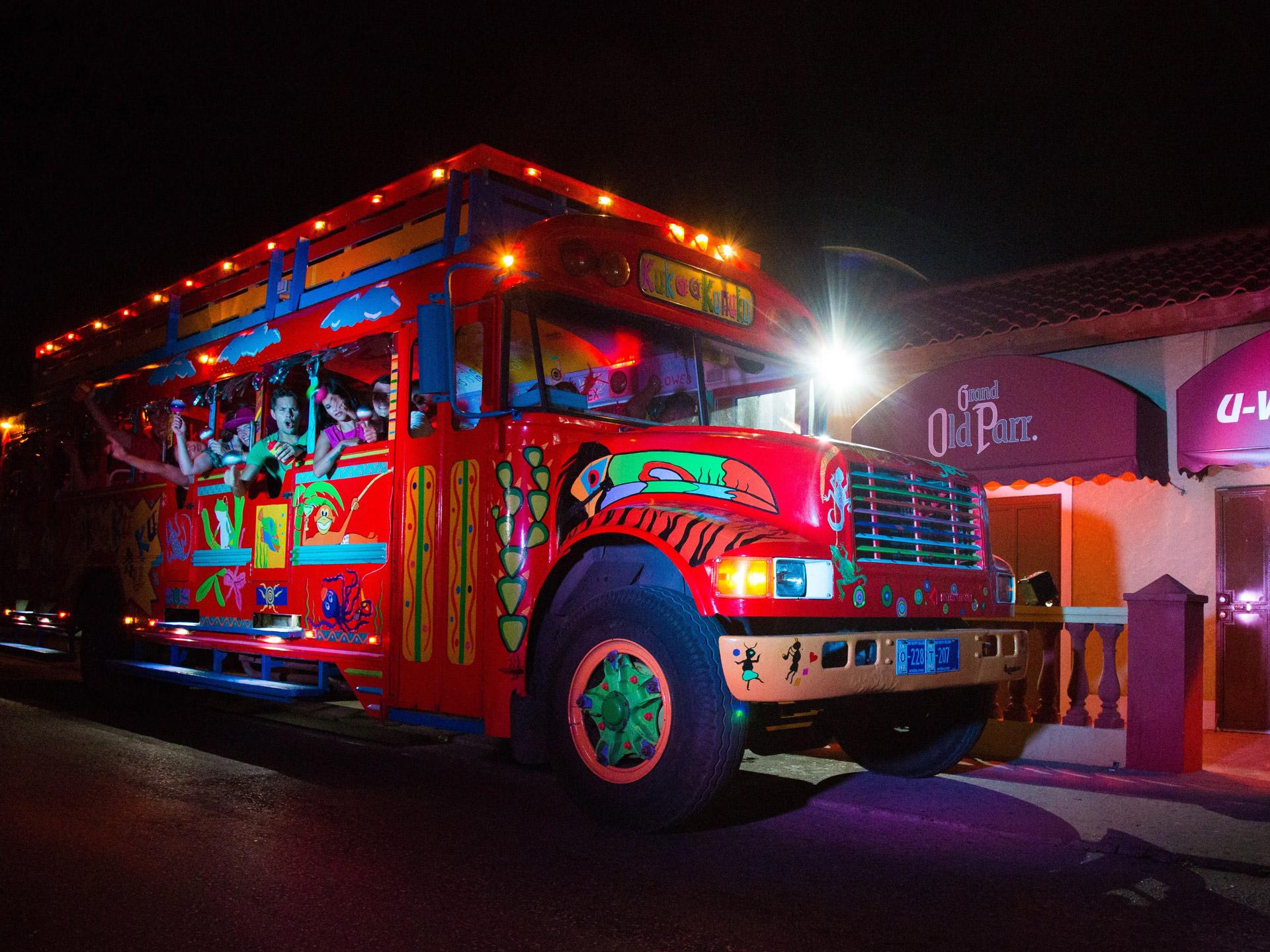 Kukoo Kunuku party bus in Aruba during a lively nightlife tour