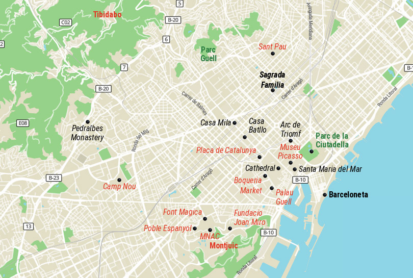 Barcelona Attractions Map – Main Tourist Areas & Landmarks Barcelona attractions map highlighting key landmarks such as Sagrada Familia, Park Güell, La Rambla, Gothic Quarter, Montjuïc and Barceloneta