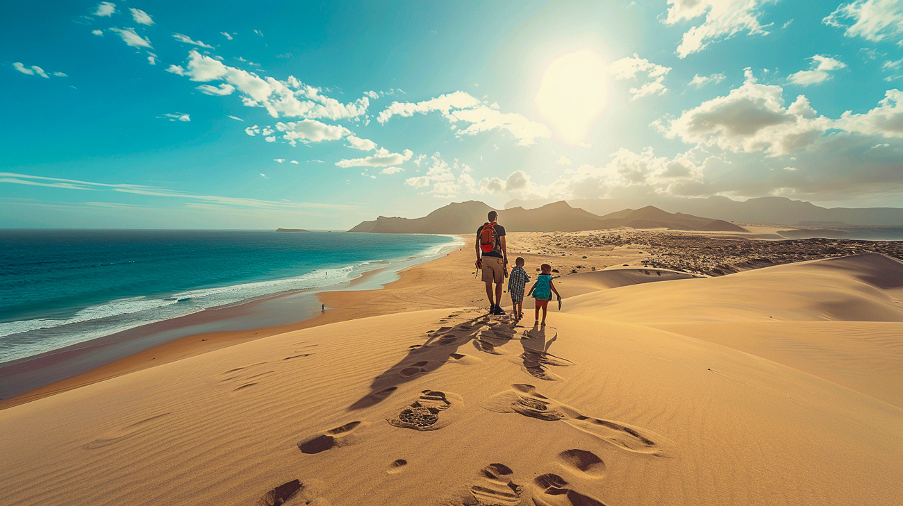 From family holidays to adventure trips, the Canary Islands fit almost every travel style Family walking along a sandy beach in the Canary Islands at sunrise