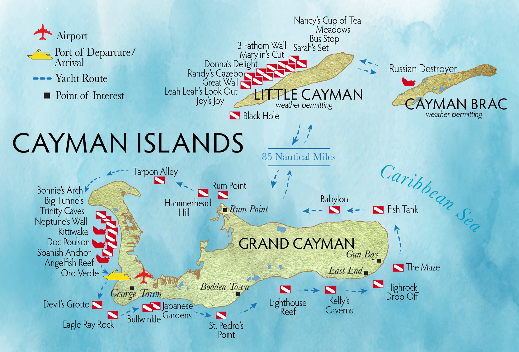 Cayman Islands Map β Islands, Dive Sites and Key Points of Interest Illustrated Cayman Islands map showing Grand Cayman, Cayman Brac and Little Cayman with dive sites