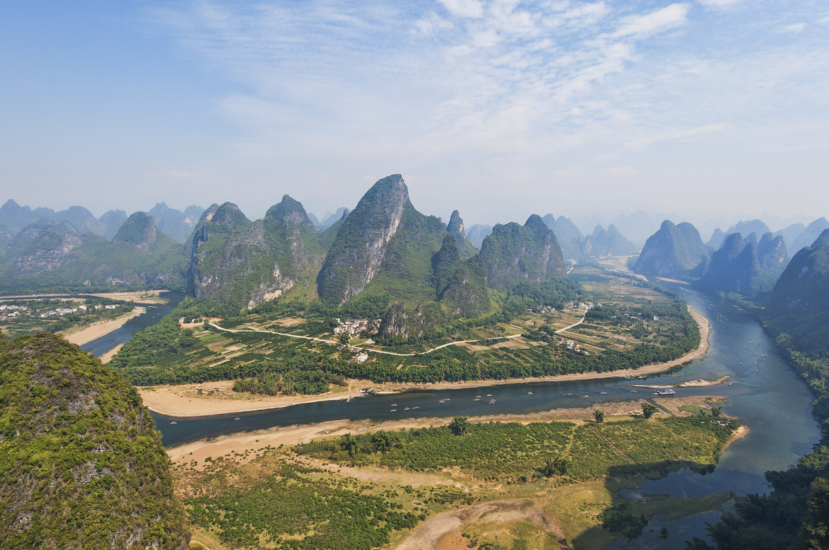 Li River landscape with layered limestone hills Li River landscape with layered limestone hills