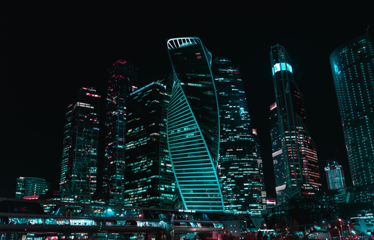 Moscow skyline illuminated at night