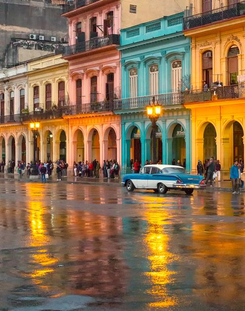 Rainy afternoon in Havana with colorful buildings