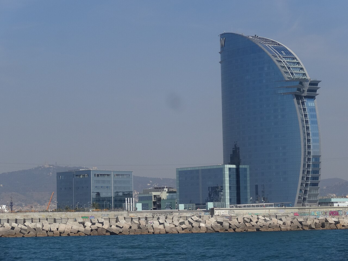 W Barcelona — Sant Sebastià / Barceloneta waterfront Sail shaped W Barcelona hotel seen from the sea
