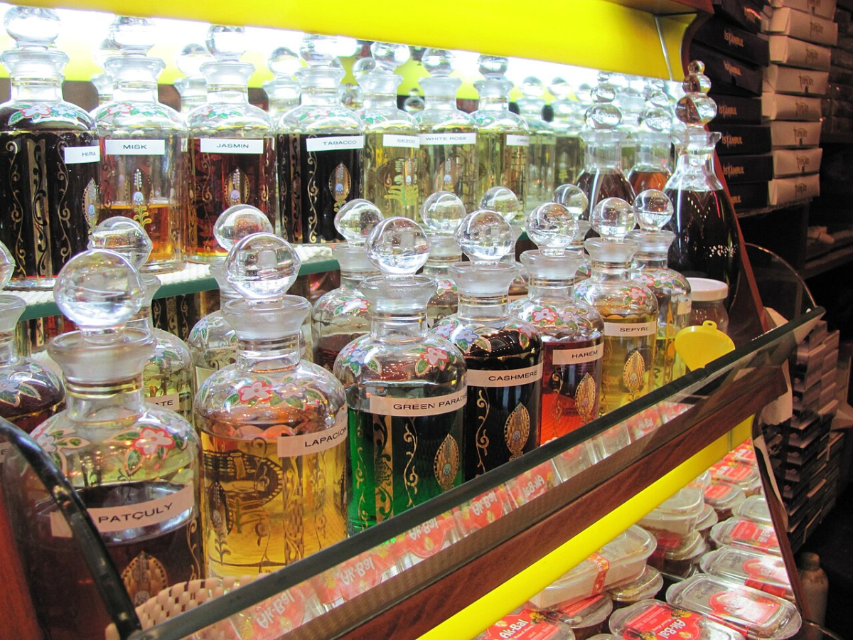 Decorated glass perfume bottles displayed in Istanbul’s Grand Bazaar