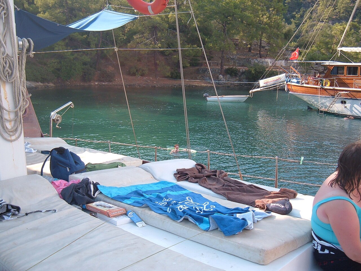 A view from a gulet deck into a sheltered bay near Fethiye