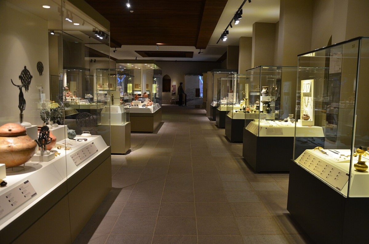 Illuminated archaeological display cases inside the Museum of Anatolian Civilizations in Ankara