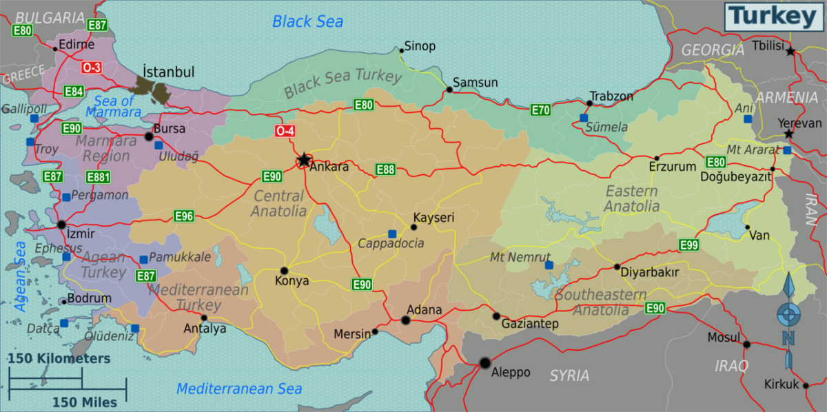 Map of Turkey showing travel regions, cities and selected destinations
