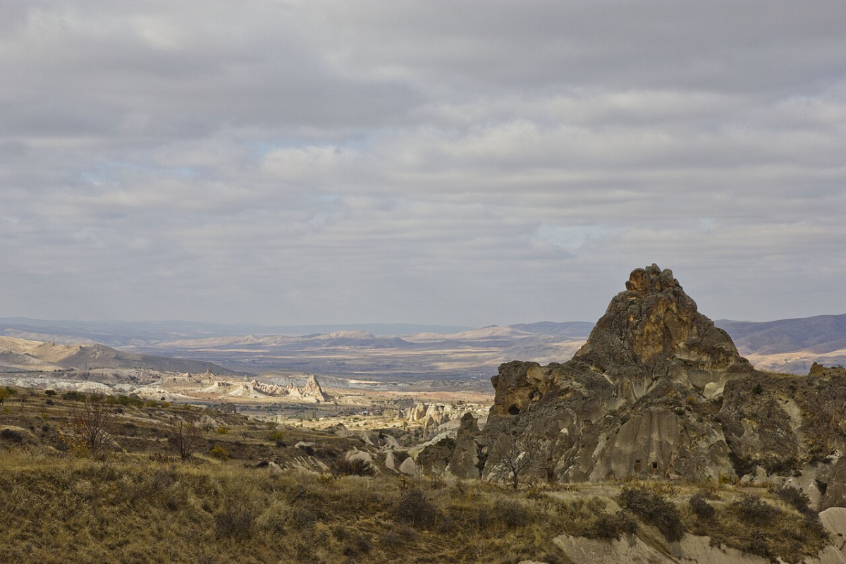 Rock formations and open valleys viewed from a walk in Cappadocia’s Rose Valley