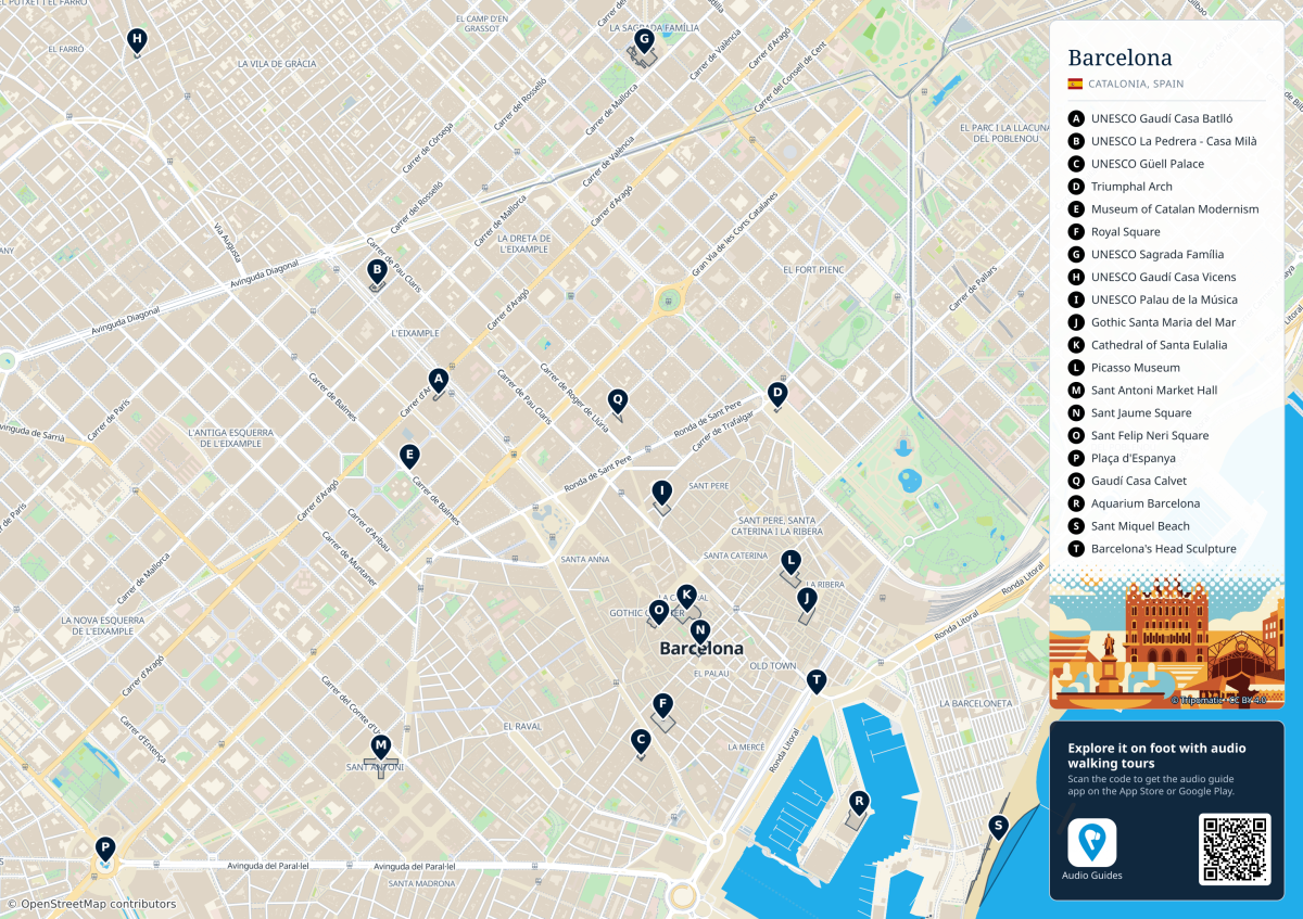 Central Barcelona tourist map Central Barcelona street map with twenty labelled sights, from Gràcia and Sagrada Família to the old town and waterfront