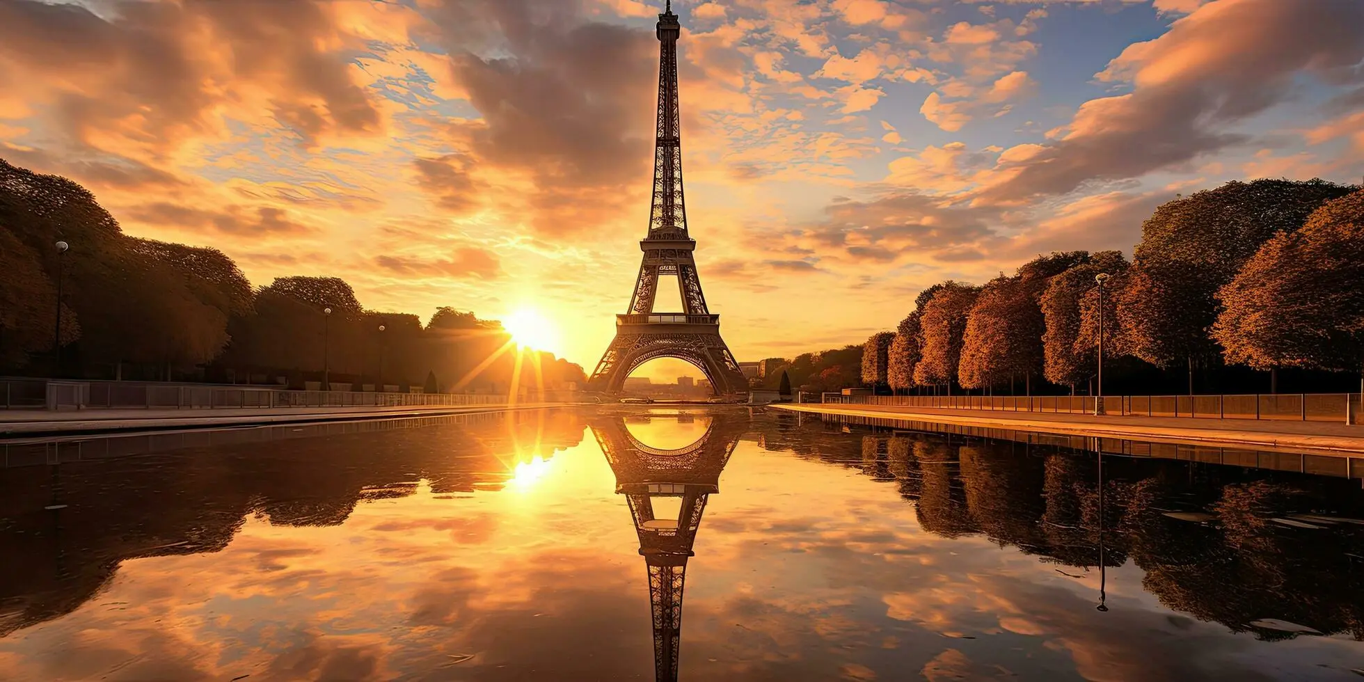 Eiffel Tower sunrise view in Paris Eiffel Tower reflected in the Trocadéro fountains at sunrise in Paris