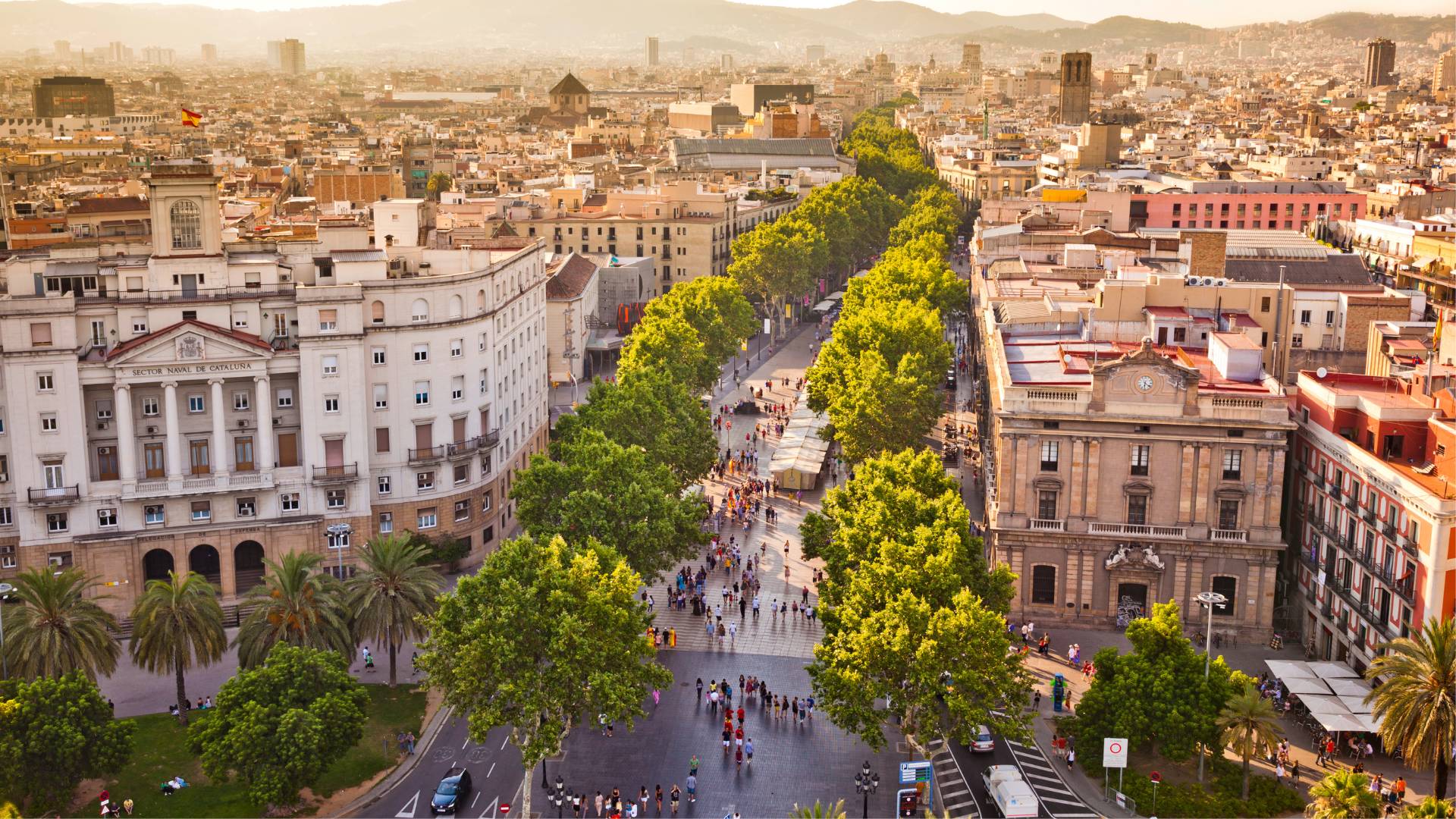 Spain Fast Facts – Mediterranean urban lifestyle and historic city boulevards A wide cityscape view in Spain with tree-lined boulevards, historic buildings and people enjoying the warm Mediterranean lifestyle