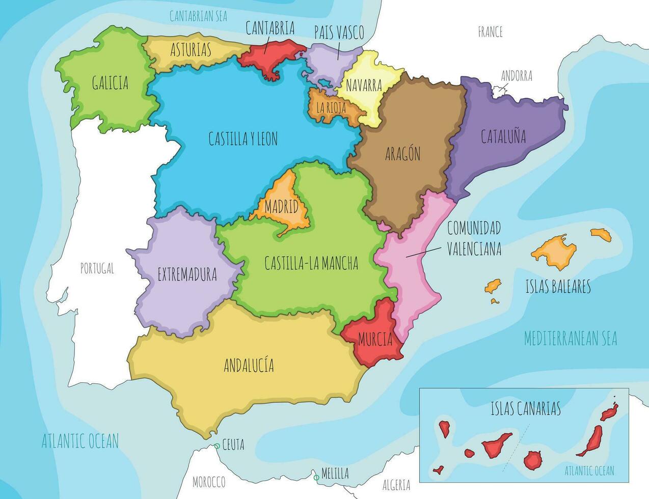 Illustrative map view of Spain showing its main regions and island territories