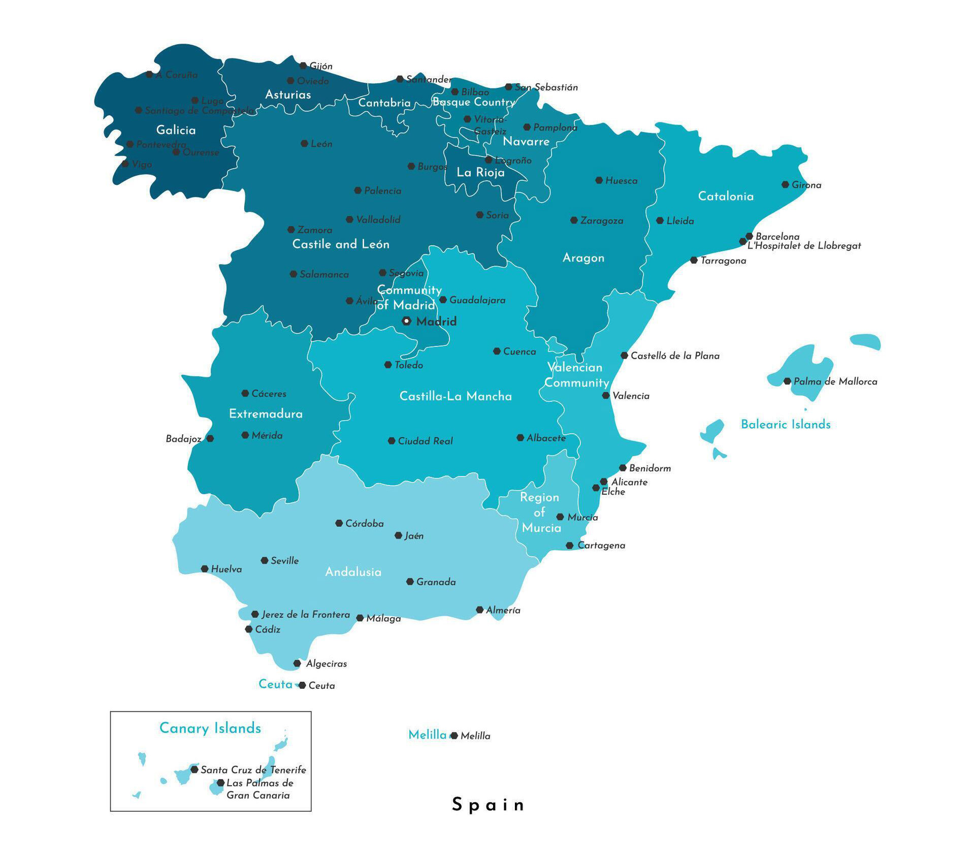 Spain Map – Regions, Cities and Islands Overview Simplified administrative map of Spain with major cities, regions, the Balearic and Canary Islands