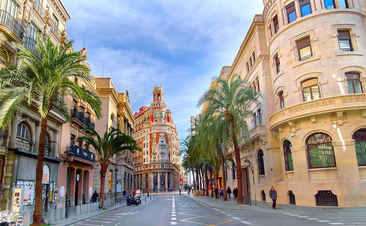 Spain Travel Guide – Explore Spain’s cities, culture, beaches and travel tips Palm-lined boulevard with historic architecture in Valencia, Spain, showcasing a classic Mediterranean city atmosphere